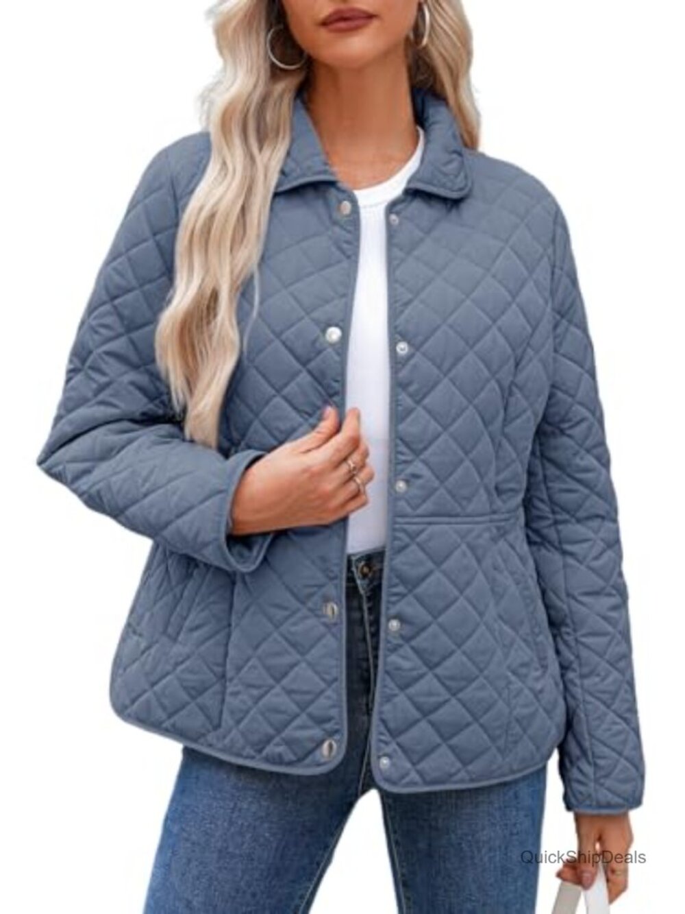 Women's Quilted Puffer Jacket - Long Sleeve Button Down Diamond Coat with